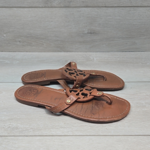 Tory Burch Logo Women's Brown Leather Sandals Slide Shoes Sz 8.5M - Picture 1 of 15